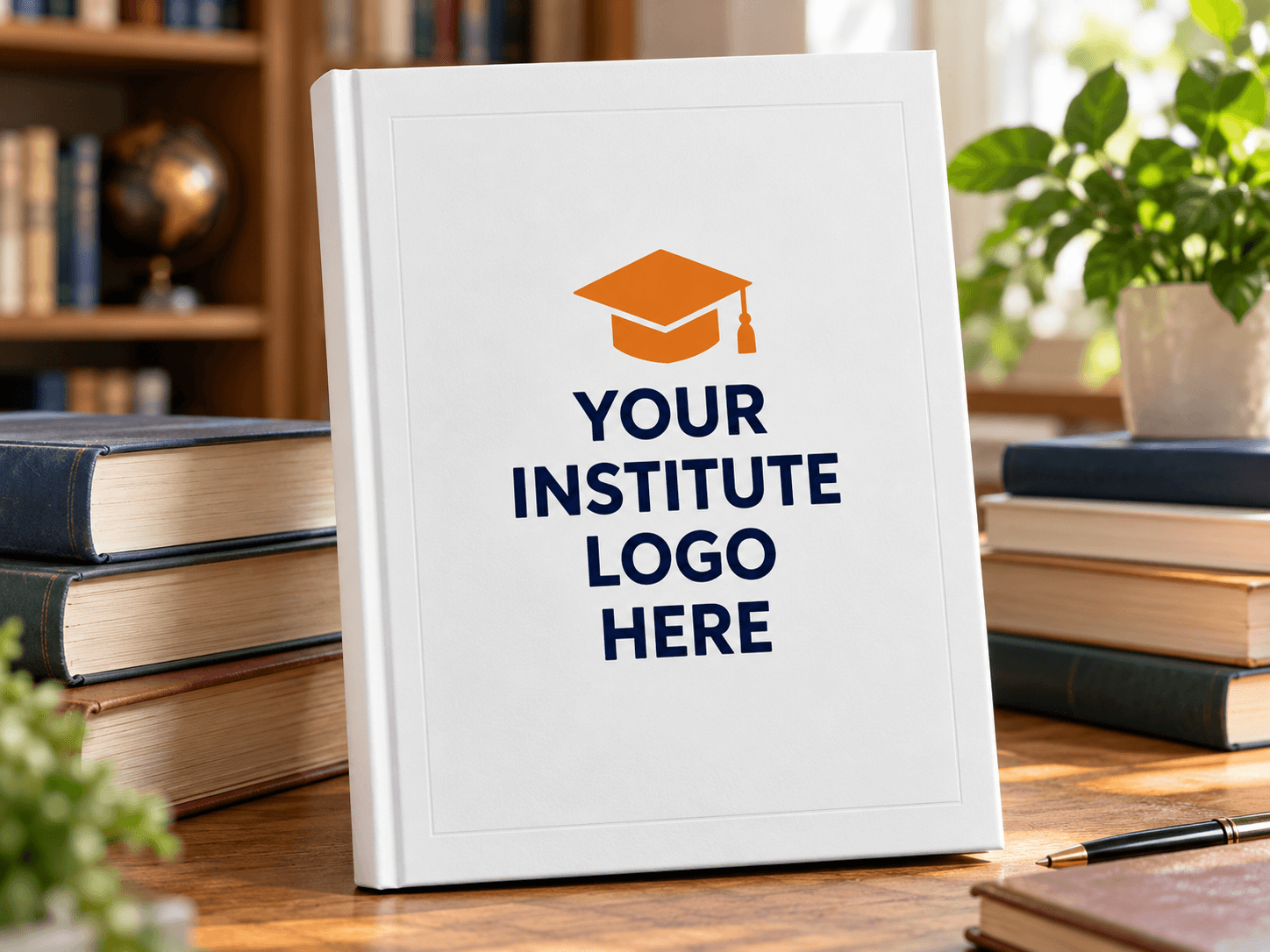 White study material book with space for your institute logo, displayed beside stacks of books